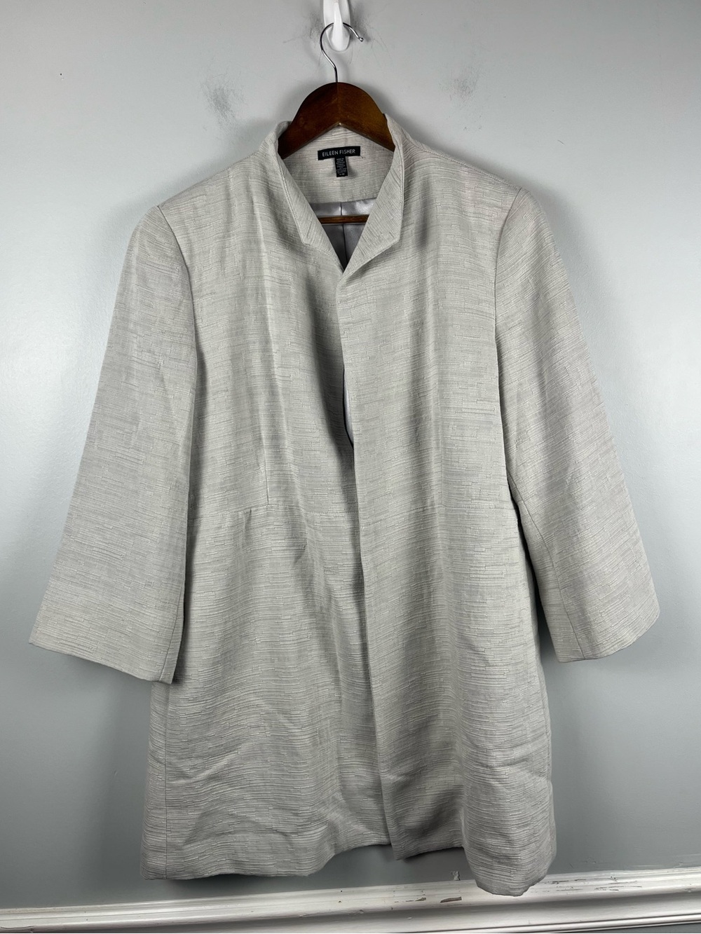 Eileen Fisher open front texture jacket beige/grey cotton blend 3/4 sleeves L